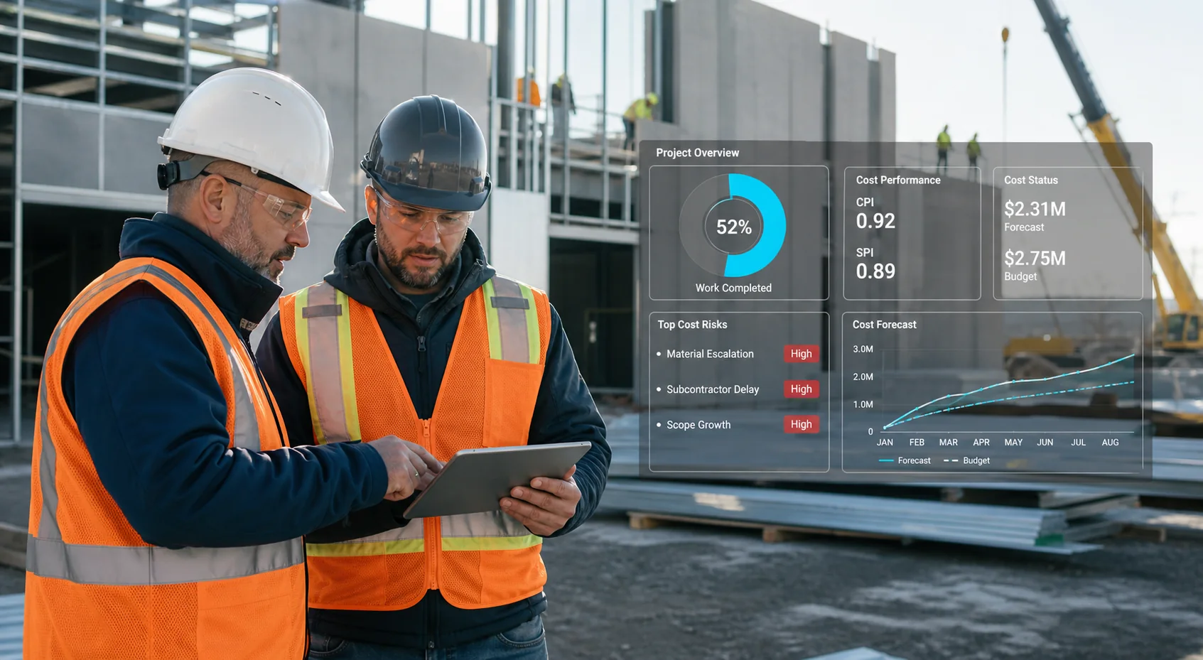 Generic construction professionals reviewing an illustrative job-risk dashboard