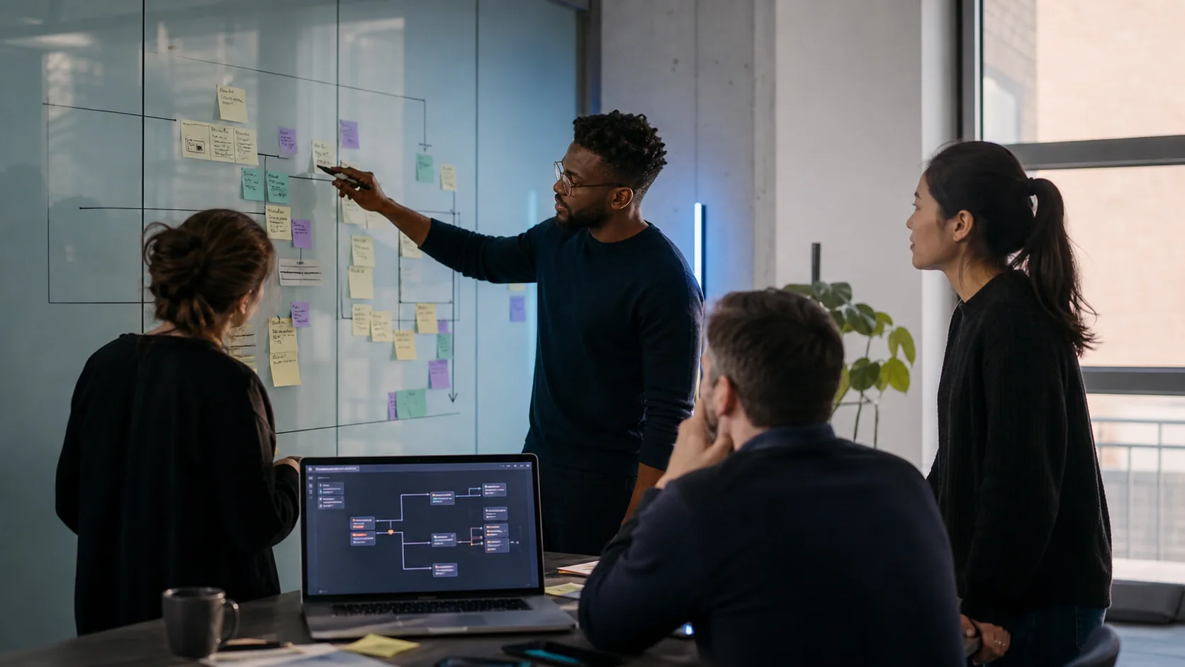 Generic editorial product team mapping a workflow during a discovery workshop